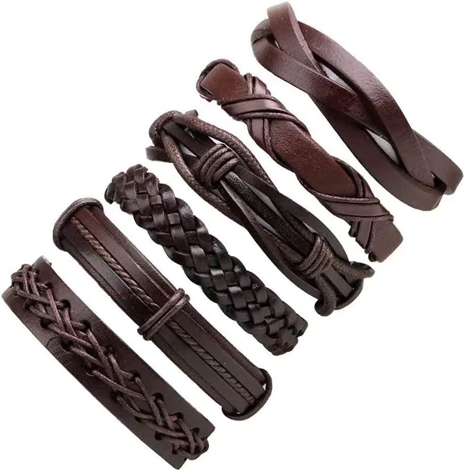 6PCS Braided Leather Bracelets for Lined Hemp Wood Beads Cuff Wrap Bracelet Ethnic Tribal Adjustable Handmade Friendship Jewelry Set