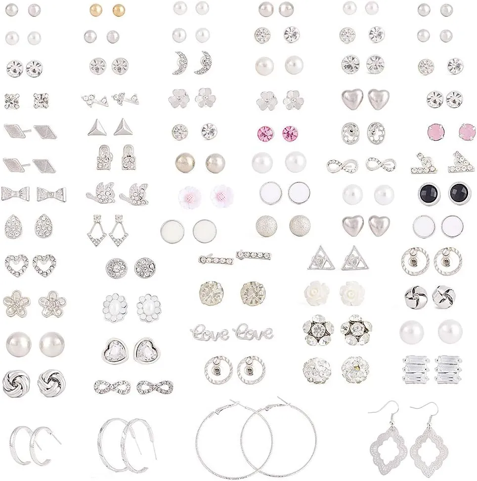 72 Pairs Earrings Set for Women Assorted Multiple Simple Stud Earrings Set Geometric Fake Pearl Round Ball Earring Set