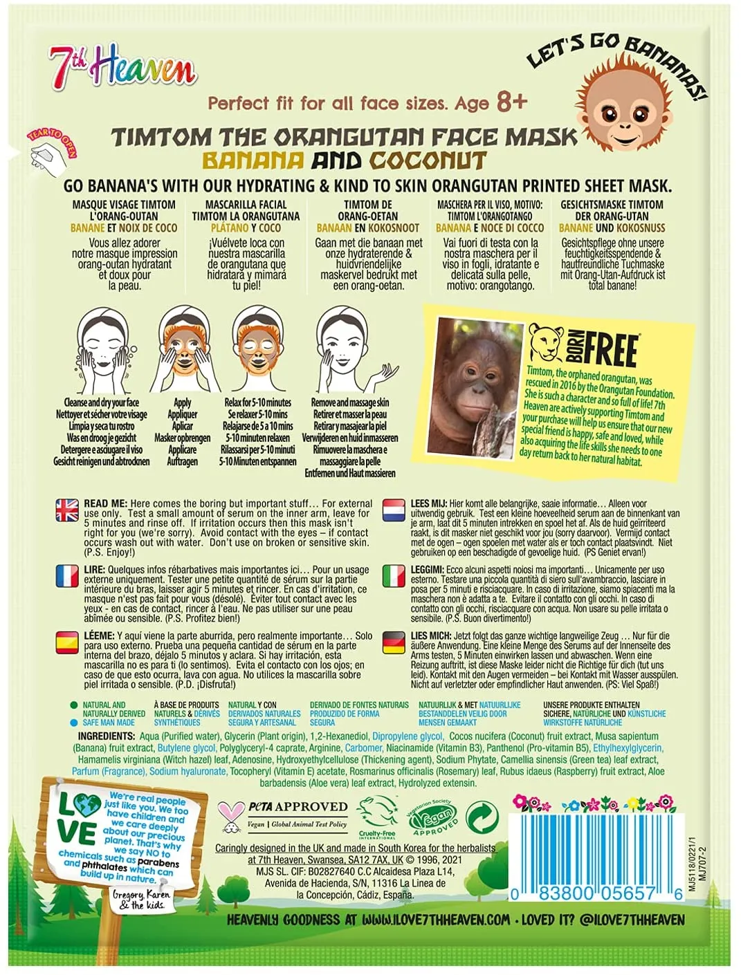 7th Heaven Face Food Born Free TimTom Orangutan Sheet Mask enriched with Banana and Coconut to Nourish, Hydrate and Revitalise your Skin