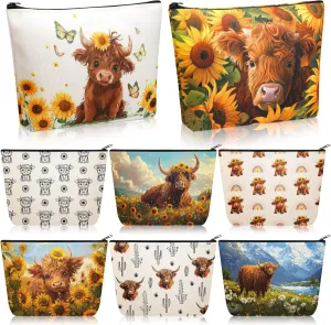 8 Pcs Highland Cow Makeup Bag Bulk Western Cowgirls Gifts for Women Sunflower Daisy Floral Cow Print Makeup Bag Spring Highland Cow Lover Gifts for Mothers Day, Birthday
