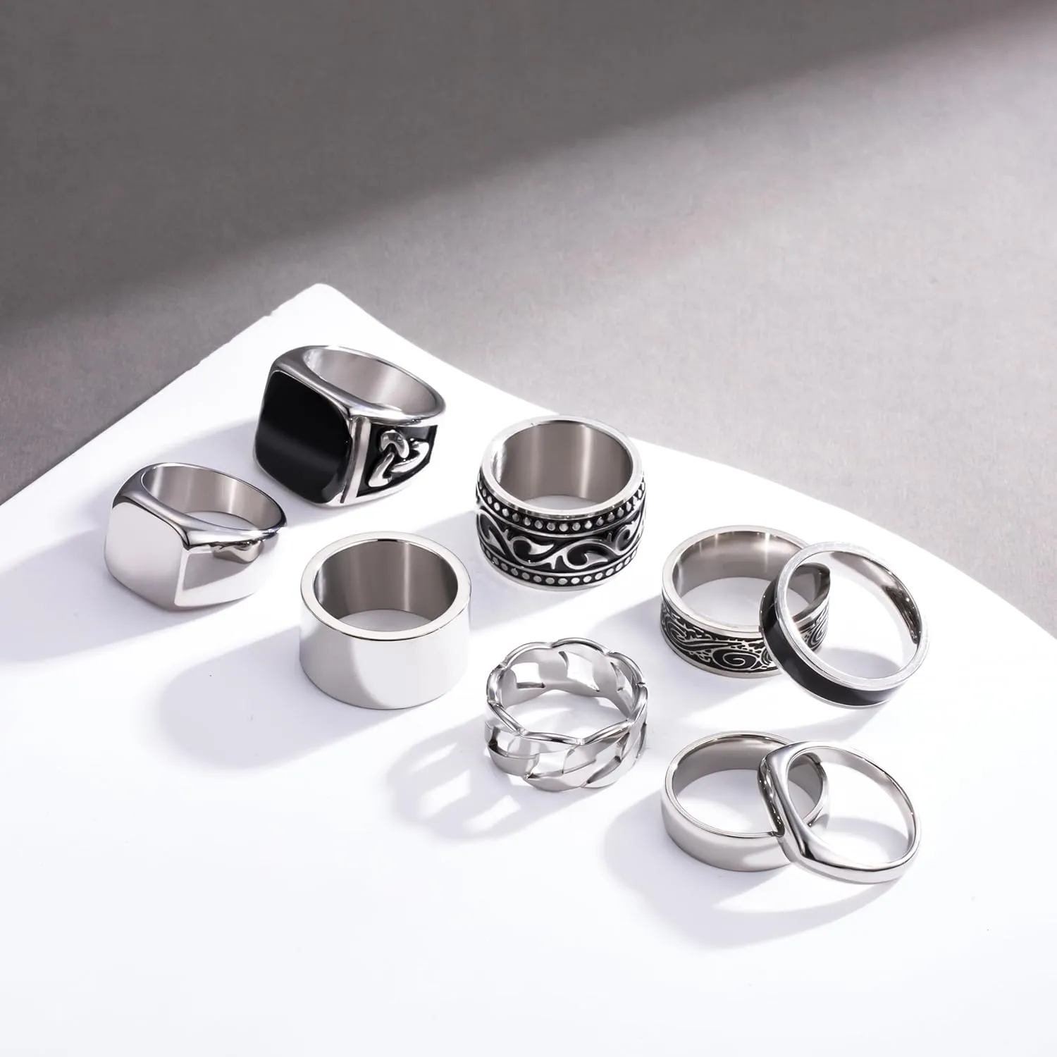 9 Pcs Men's Stainless Steel Vintage Signet Ring Set: Square, Pinky, Thumb, Chunky, Thin Band, Cuban Link, Biker Rings for Men