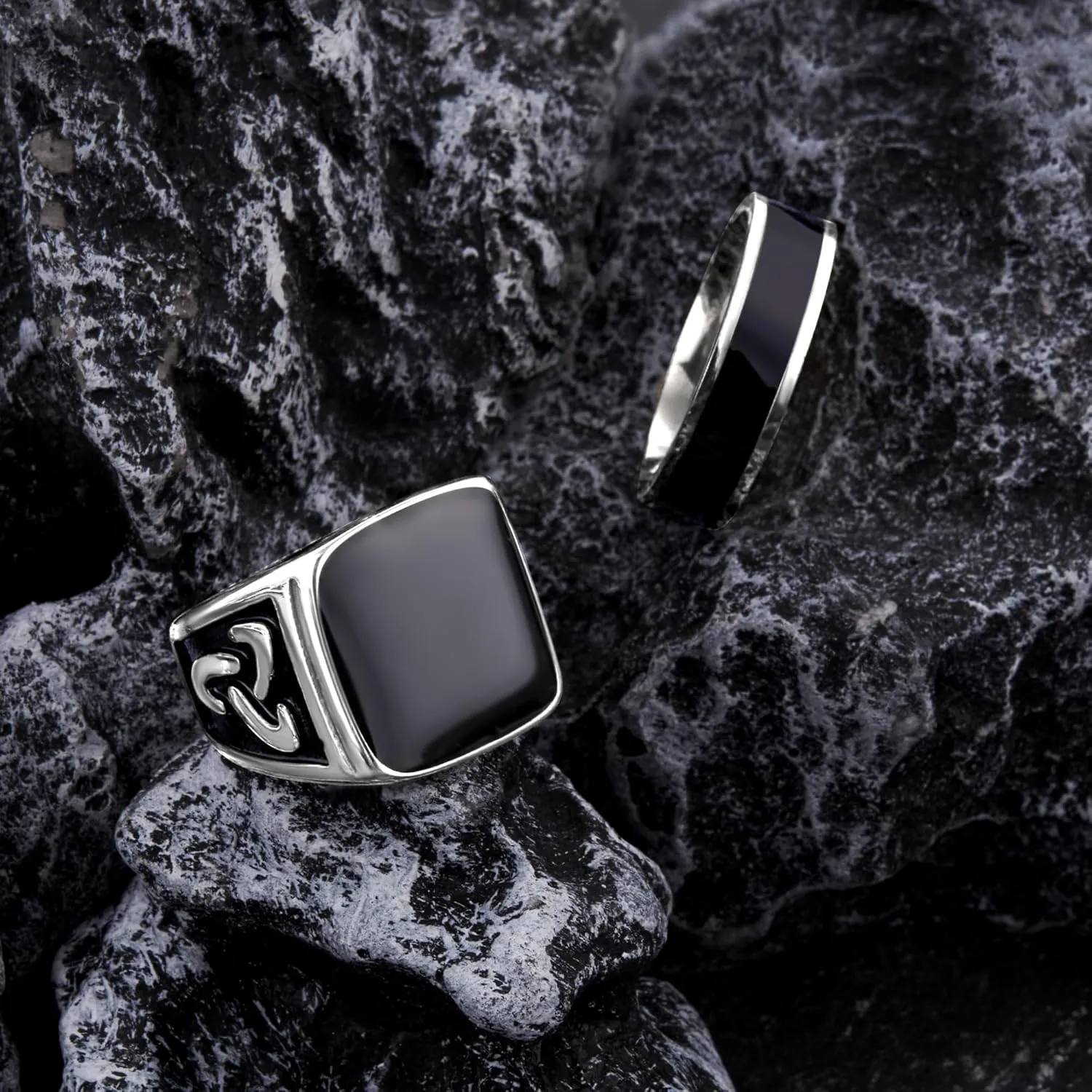 9 Pcs Men's Stainless Steel Vintage Signet Ring Set: Square, Pinky, Thumb, Chunky, Thin Band, Cuban Link, Biker Rings for Men