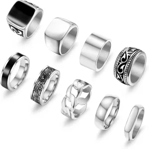 9 Pcs Men's Stainless Steel Vintage Signet Ring Set: Square, Pinky, Thumb, Chunky, Thin Band, Cuban Link, Biker Rings for Men
