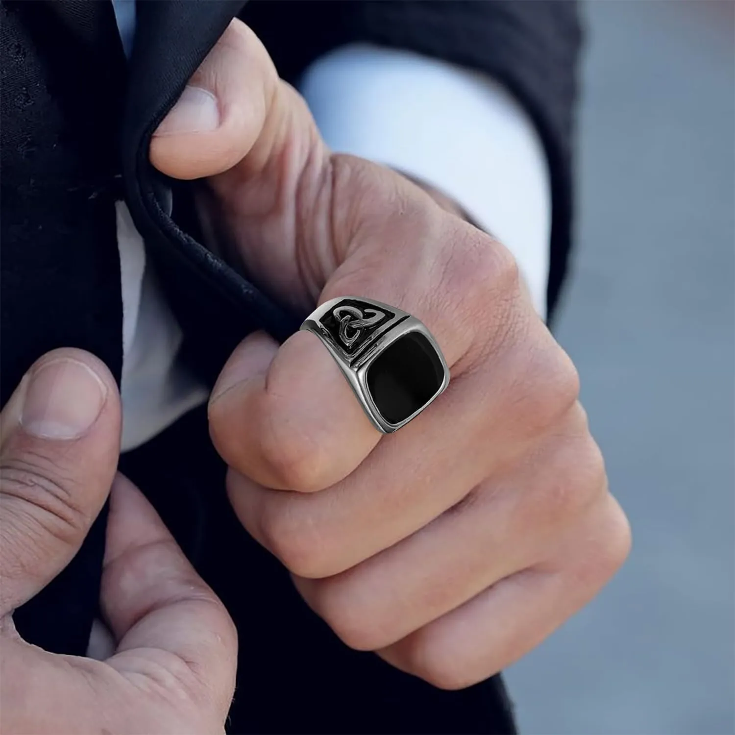 9 Pcs Men's Stainless Steel Vintage Signet Ring Set: Square, Pinky, Thumb, Chunky, Thin Band, Cuban Link, Biker Rings for Men