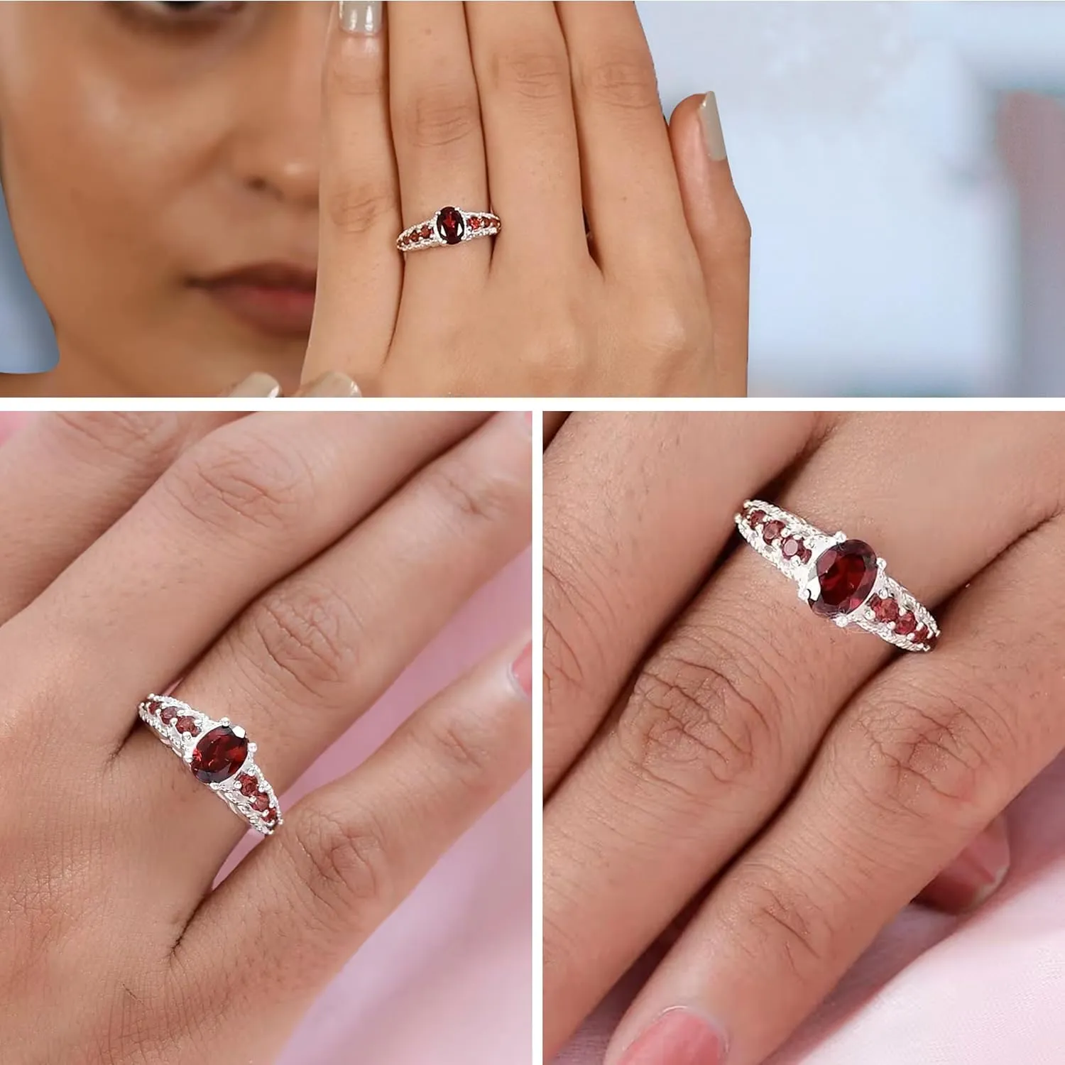9 Stone Garnet Ring for Women in 925 Sterling Silver - January Birthstone Promise Engagement Vintage Red Garnet Jewelry Birthday Gifts