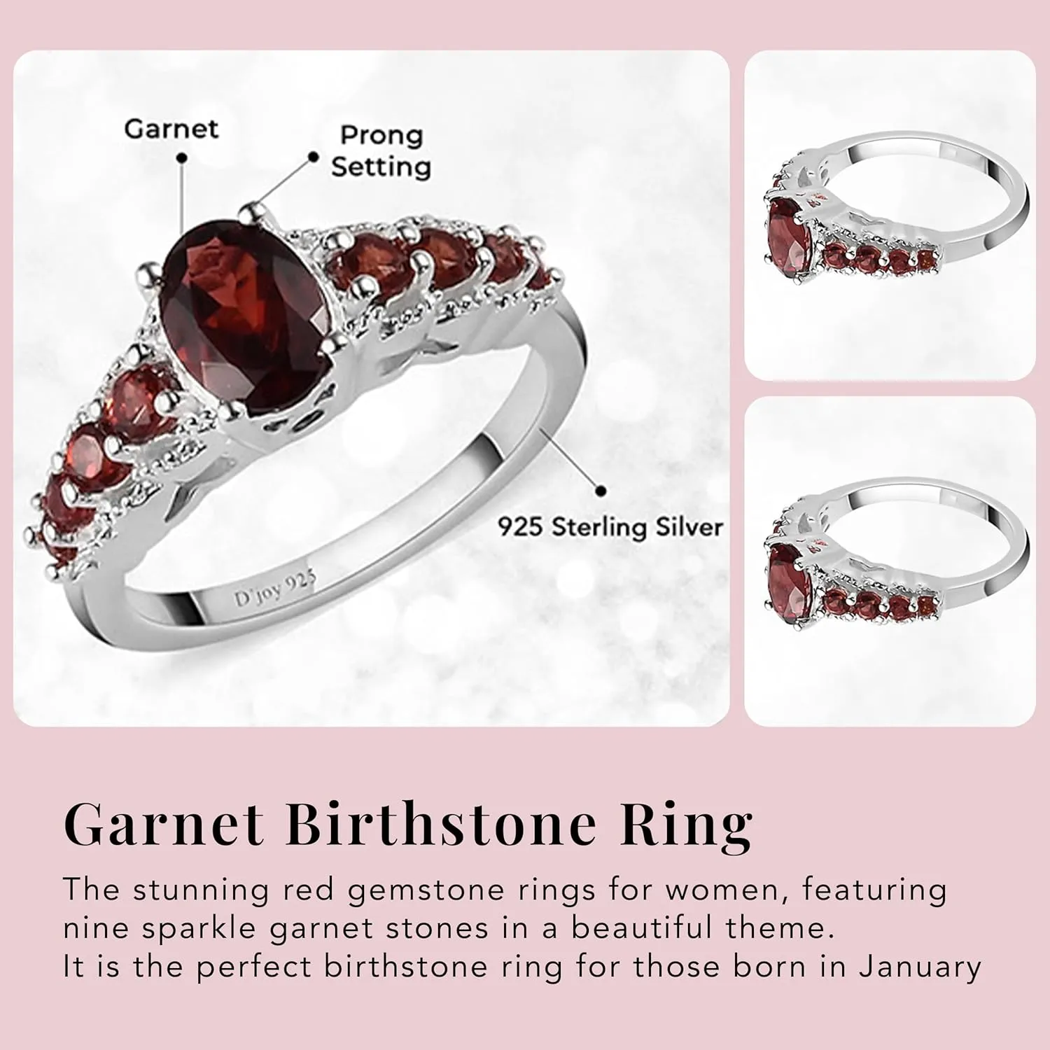 9 Stone Garnet Ring for Women in 925 Sterling Silver - January Birthstone Promise Engagement Vintage Red Garnet Jewelry Birthday Gifts