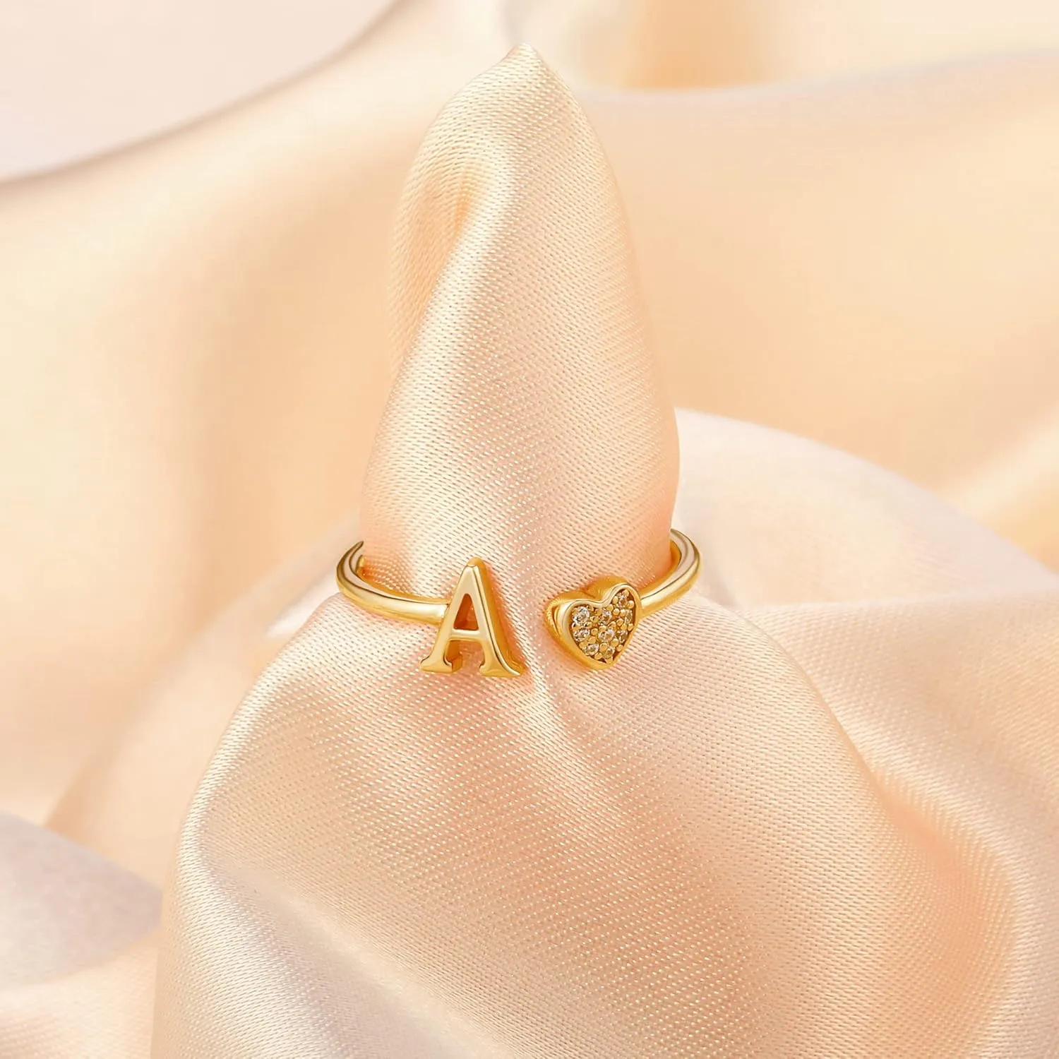 925 Sterling Silver Heart Initial Rings, Adjustable Letter Rings, Stackable Rings for Women - Gifts