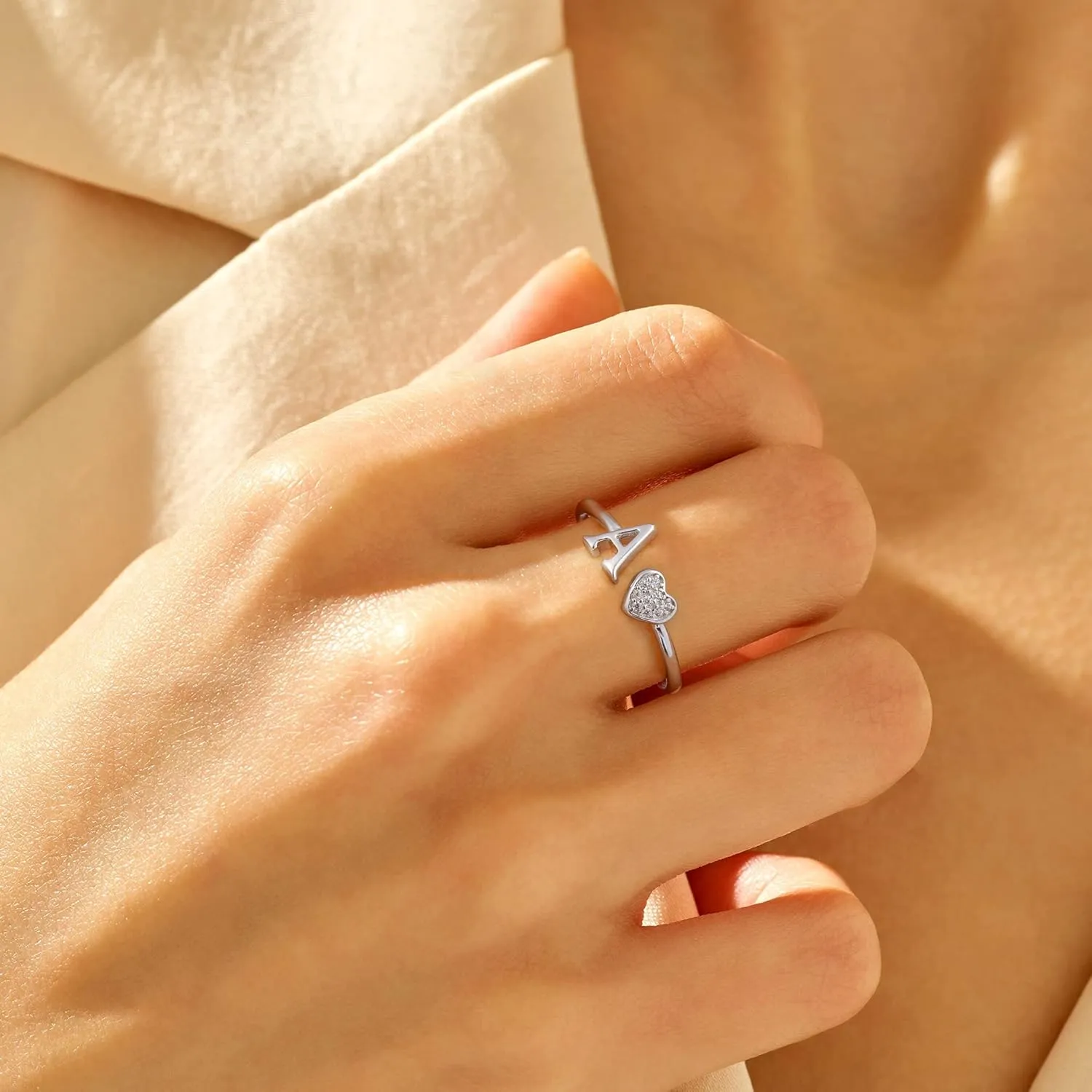 925 Sterling Silver Heart Initial Rings, Adjustable Letter Rings, Stackable Rings for Women - Gifts