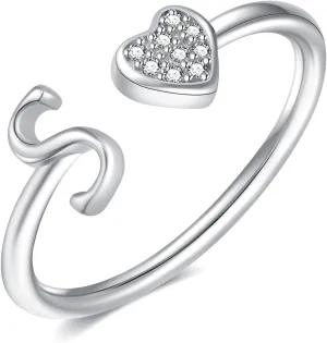 925 Sterling Silver Heart Initial Rings, Adjustable Letter Rings, Stackable Rings for Women - Gifts