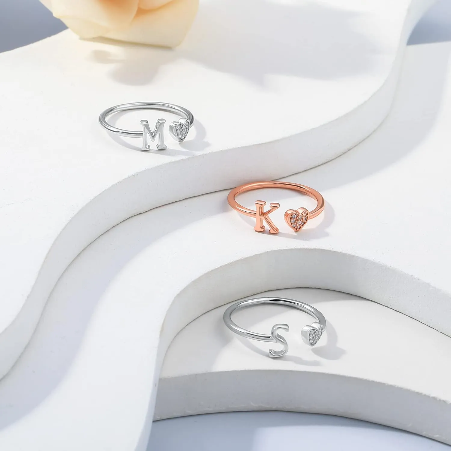 925 Sterling Silver Heart Initial Rings, Adjustable Letter Rings, Stackable Rings for Women - Gifts