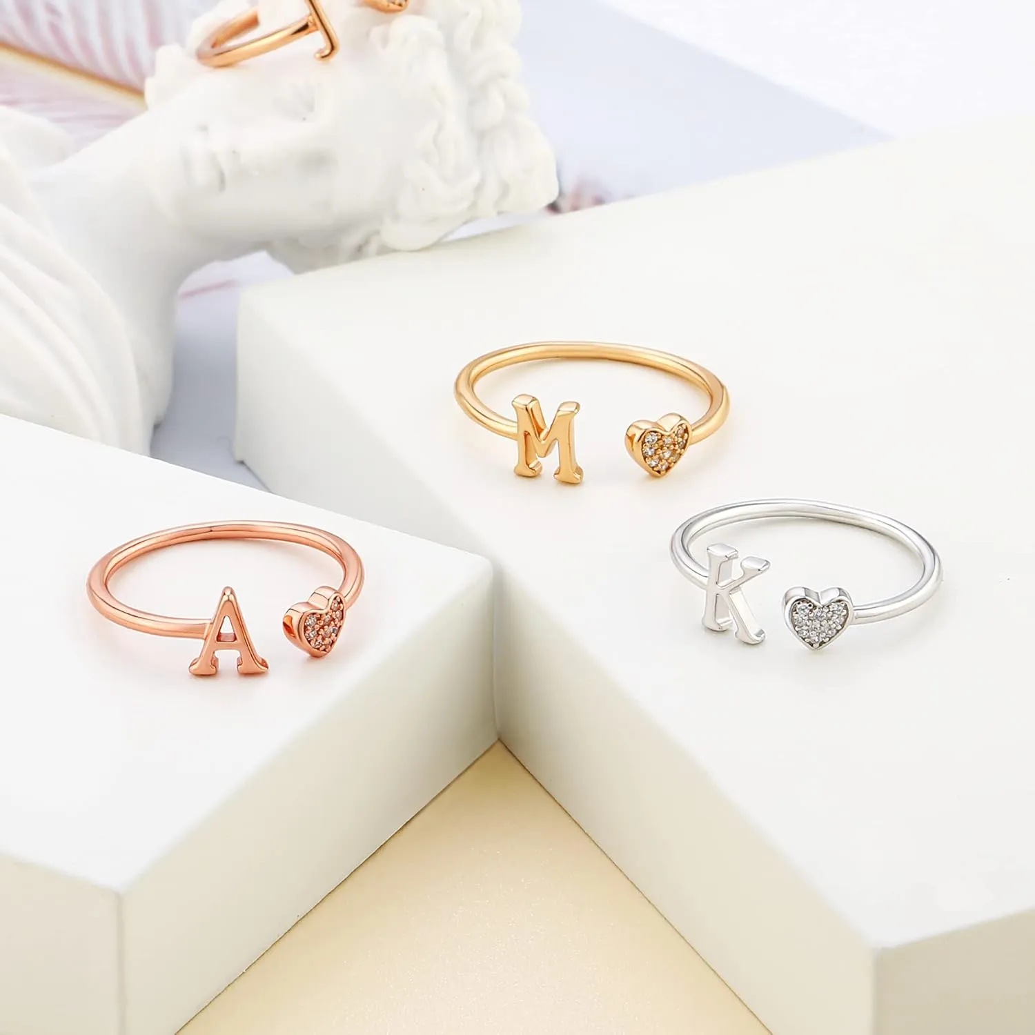 925 Sterling Silver Heart Initial Rings, Adjustable Letter Rings, Stackable Rings for Women - Gifts