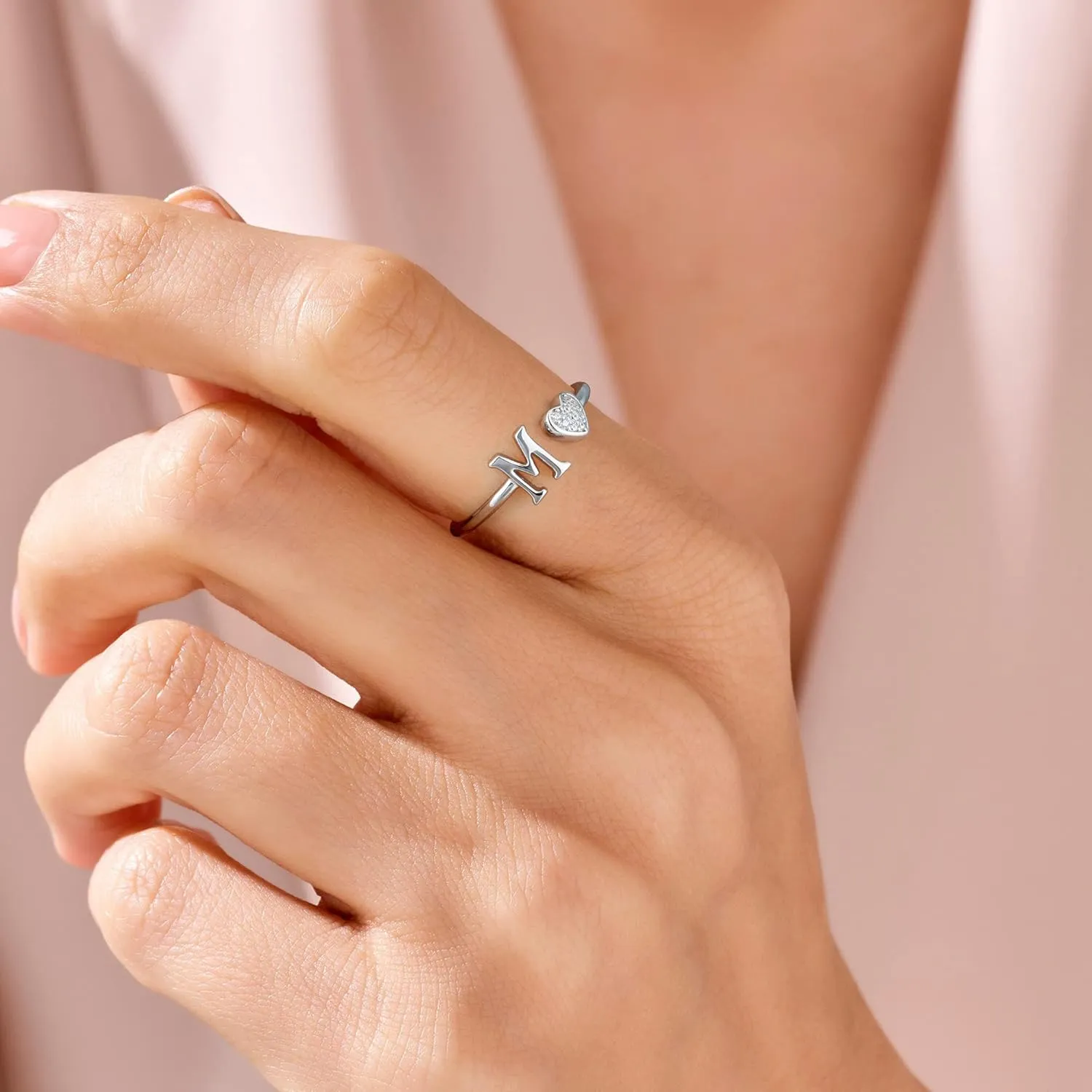 925 Sterling Silver Heart Initial Rings, Adjustable Letter Rings, Stackable Rings for Women - Gifts