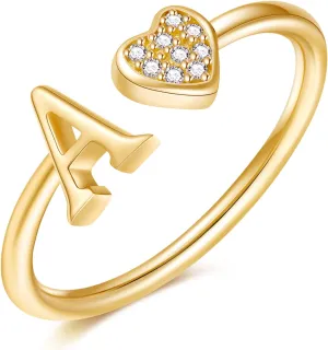 925 Sterling Silver Heart Initial Rings, Adjustable Letter Rings, Stackable Rings for Women - Gifts