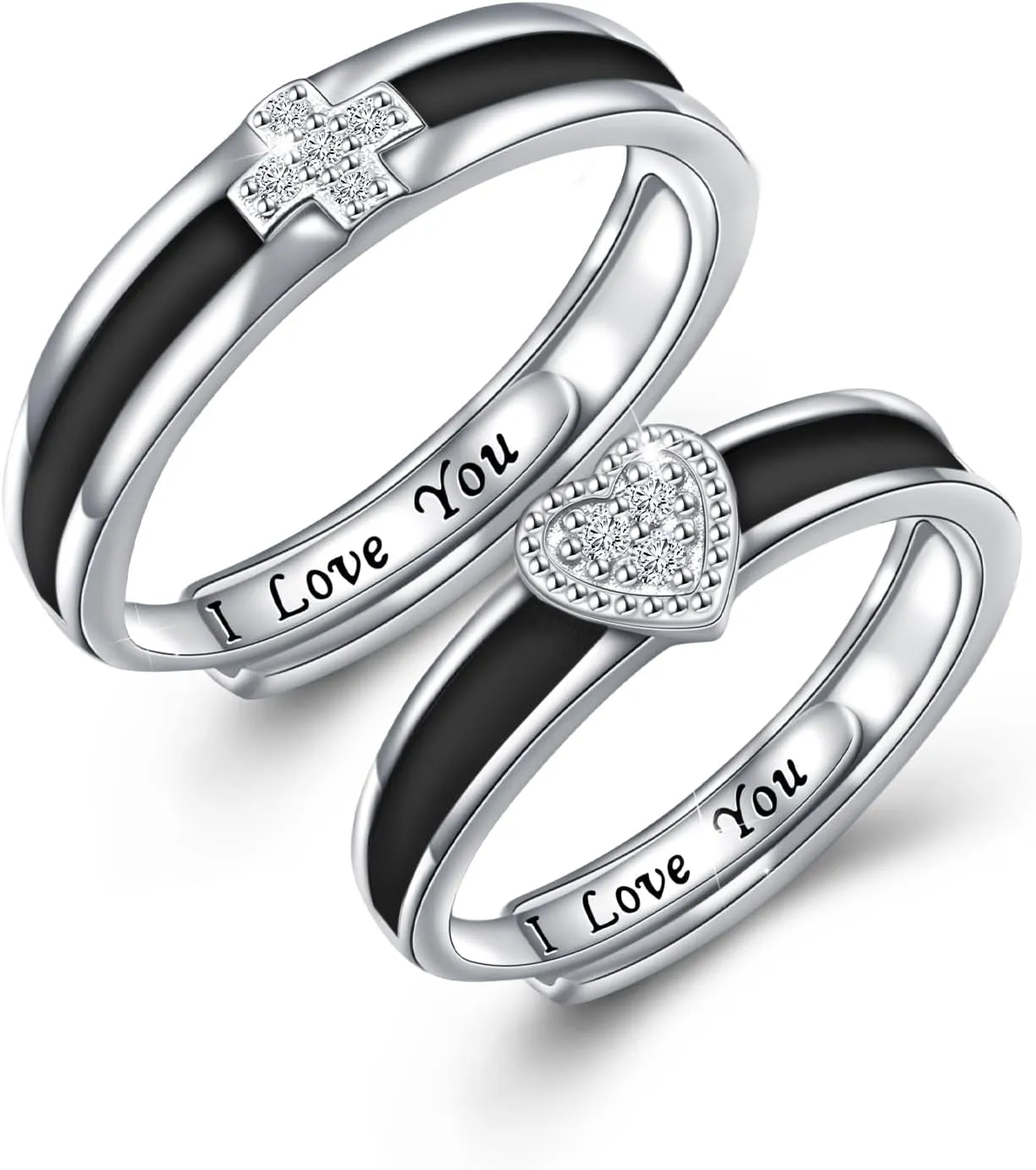 925 Sterling Silver Rings Promise Rings for Couples Valentines Day Gifts for her him Cross Heart Matching Rings for Couples Engraved I LOVE YOU Couples Rings Wedding Ring Sets for Women men