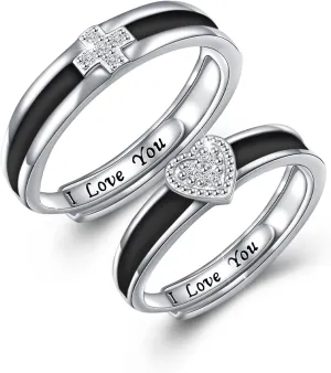 925 Sterling Silver Rings Promise Rings for Couples Valentines Day Gifts for her him Cross Heart Matching Rings for Couples Engraved I LOVE YOU Couples Rings Wedding Ring Sets for Women men
