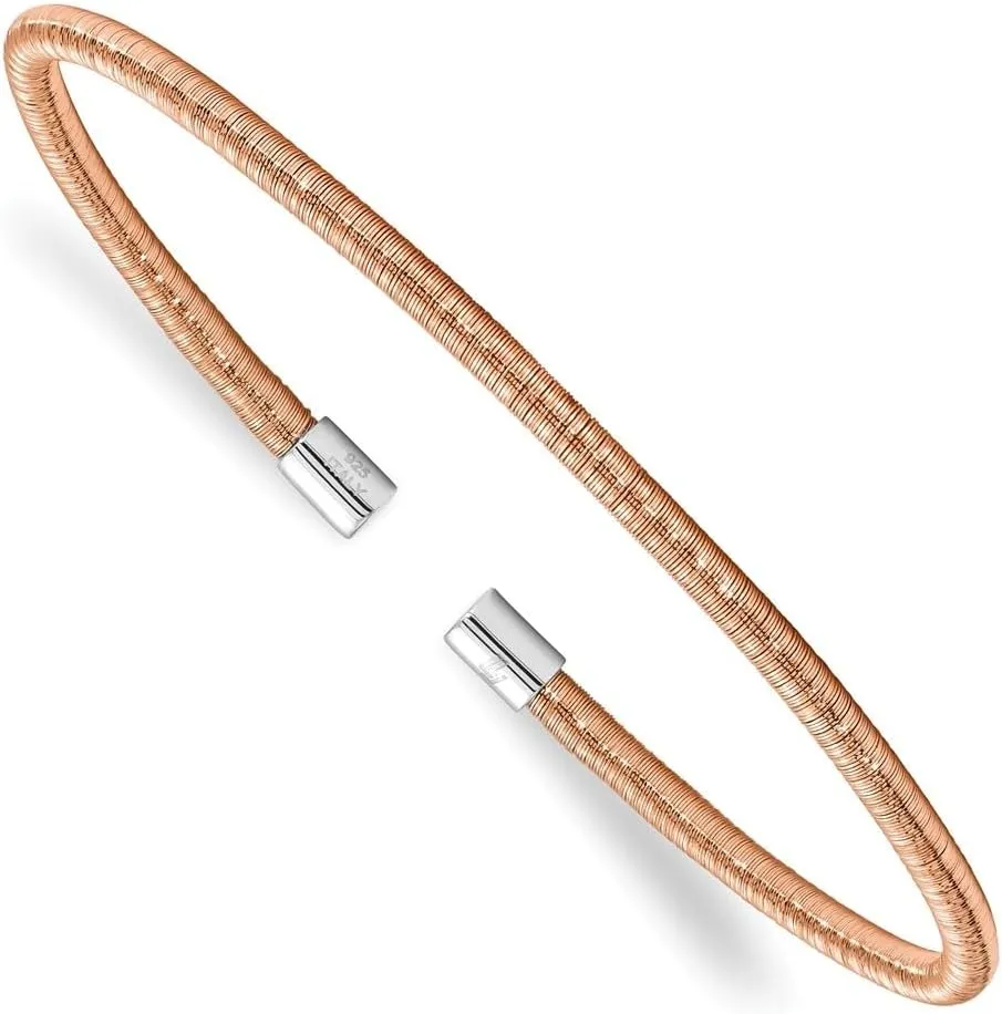925 Sterling Silver Rose Rhodium Textured Cuff Bangle Bracelet
