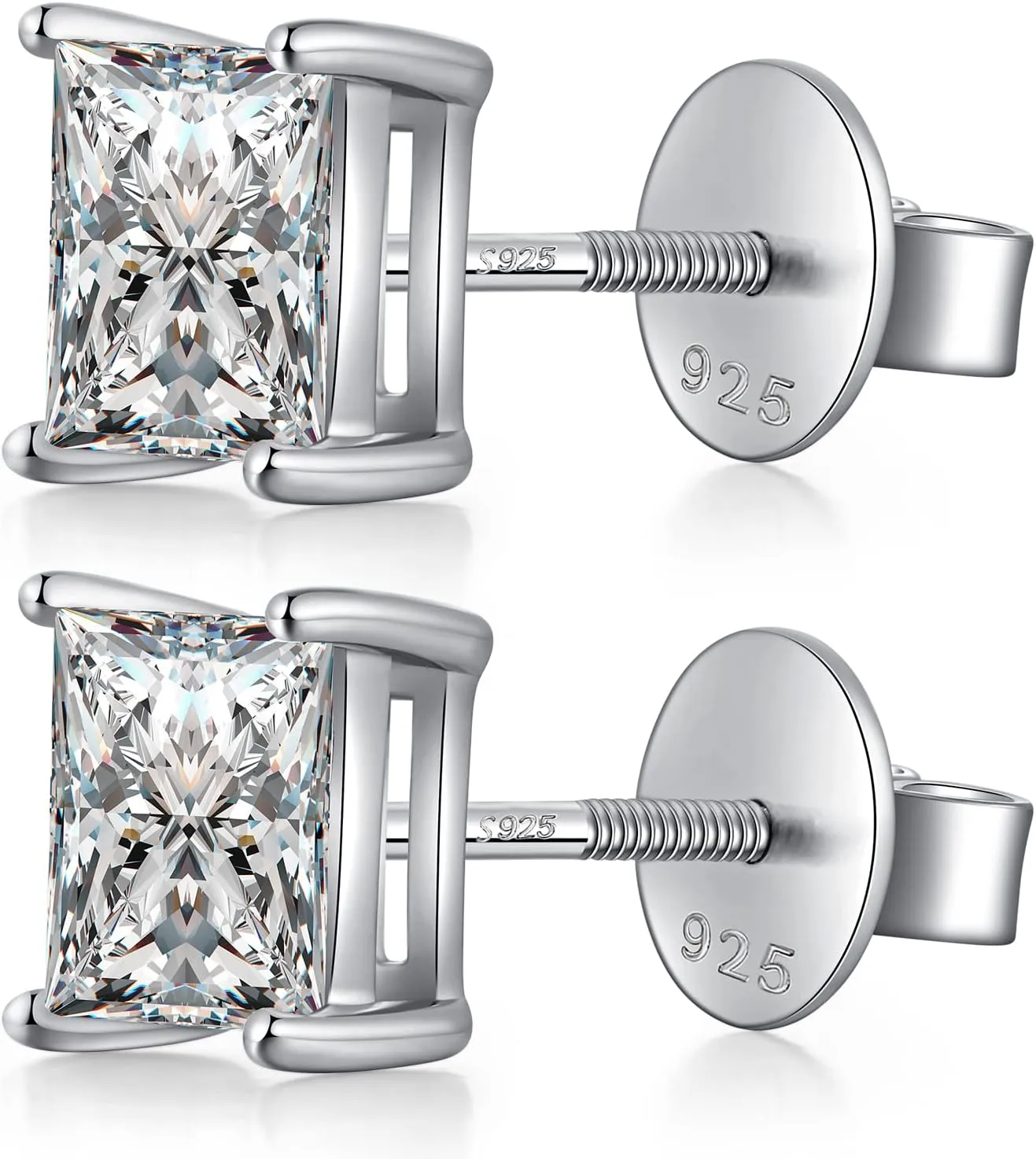 925 Sterling Silver Stud Earrings with Flat Screw Back, Round Cut/Square Cut Cubic Zirconia Hypoallergenic Stud Earrings for Women Men, Long & Thick Post, 4MM-8MM