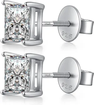 925 Sterling Silver Stud Earrings with Flat Screw Back, Round Cut/Square Cut Cubic Zirconia Hypoallergenic Stud Earrings for Women Men, Long & Thick Post, 4MM-8MM