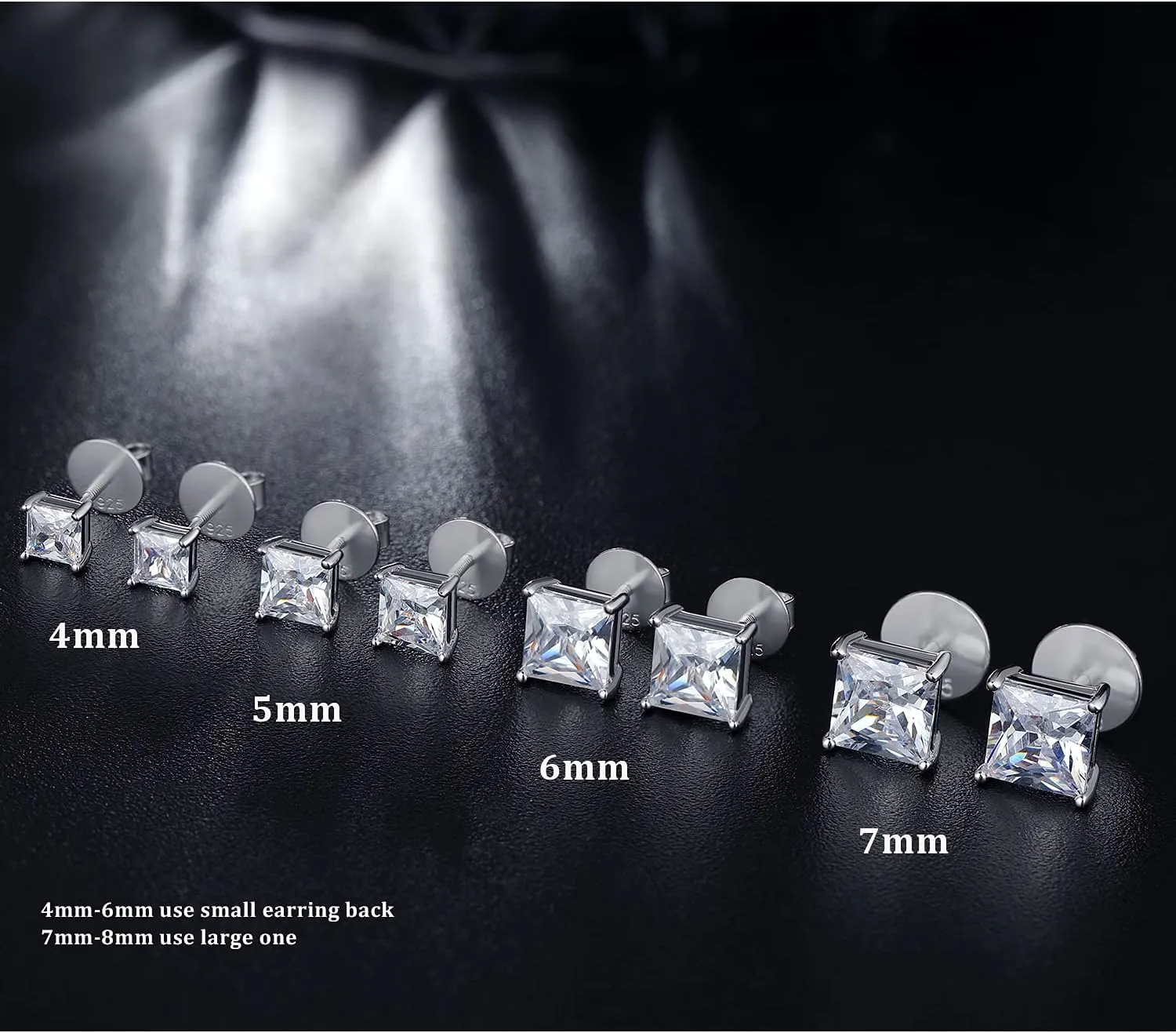 925 Sterling Silver Stud Earrings with Flat Screw Back, Round Cut/Square Cut Cubic Zirconia Hypoallergenic Stud Earrings for Women Men, Long & Thick Post, 4MM-8MM