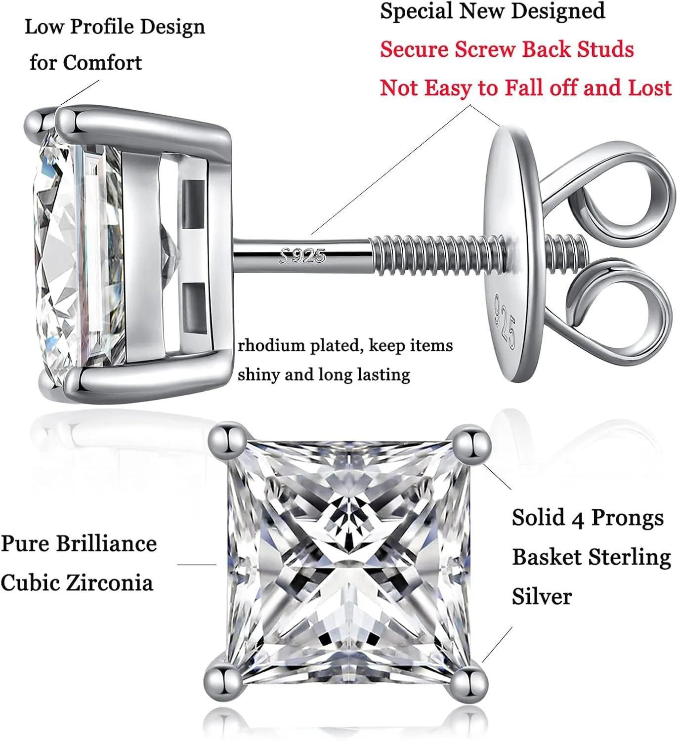 925 Sterling Silver Stud Earrings with Flat Screw Back, Round Cut/Square Cut Cubic Zirconia Hypoallergenic Stud Earrings for Women Men, Long & Thick Post, 4MM-8MM