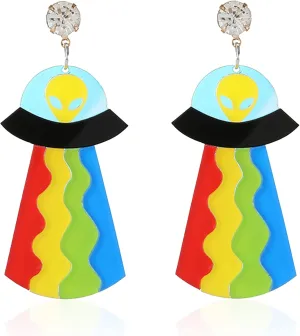 Acrylic UFO Aliens Acrylic Earrings Cosmos Weird Earrings Women Novelty Fun Earrings Planet Alien Earrings Glitter Space Earrings Cute Dangle Earrings for Accessories