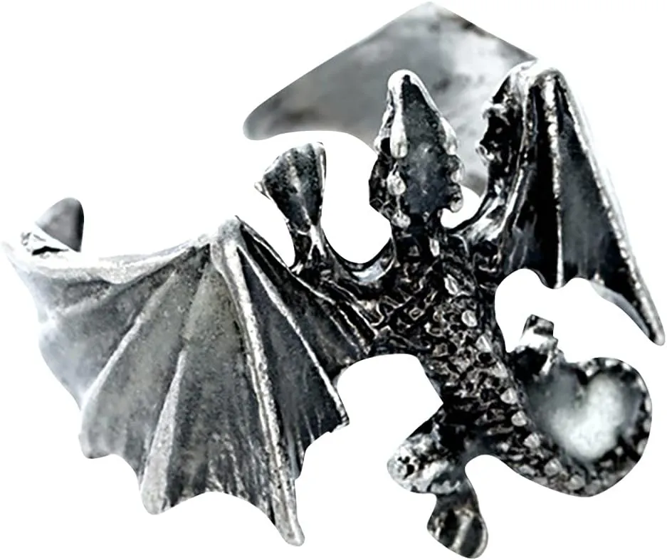 Adjustable Vintage Glow in the Dark Luminous Dragon Rings for Men Women Animal Open Rings (Antique Silver Blue and