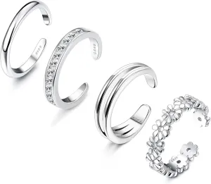 ADRAMATA 4 Pcs 925 Sterling Silver Toe Rings for Women Open Adjustable Band Rings Jewelry Set