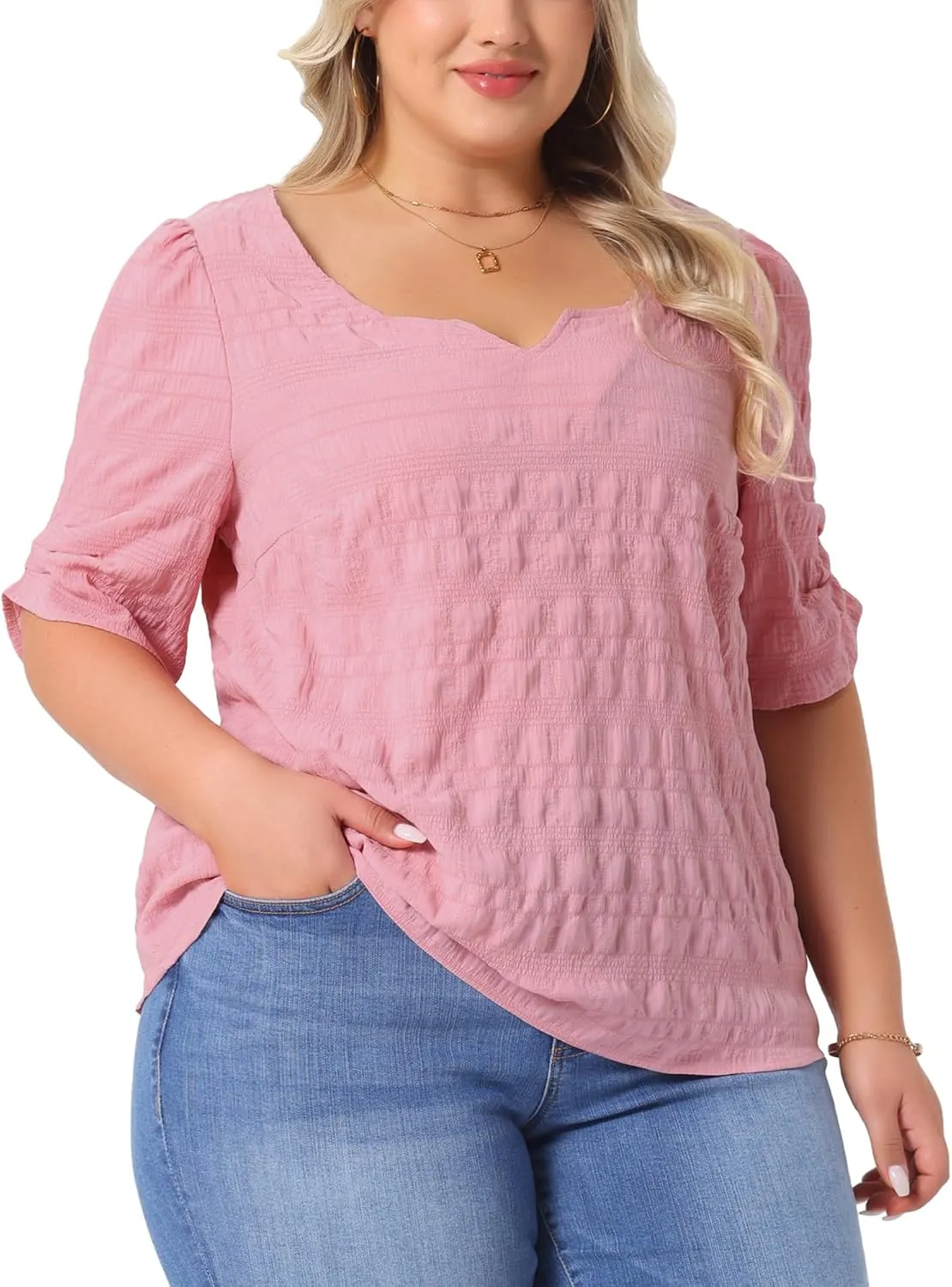 Agnes Orinda Plus Size Top for Women Textured Notched V Neck Short Sleeve 2025 Summer Tshirt Casual Blouse