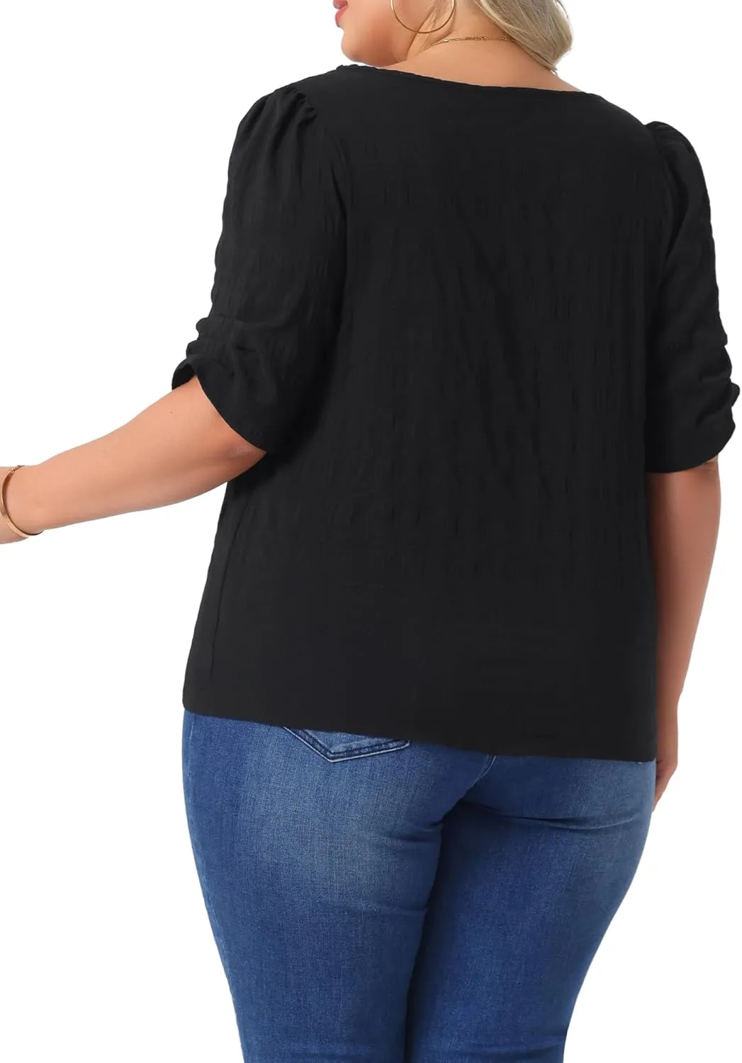 Agnes Orinda Plus Size Top for Women Textured Notched V Neck Short Sleeve 2025 Summer Tshirt Casual Blouse