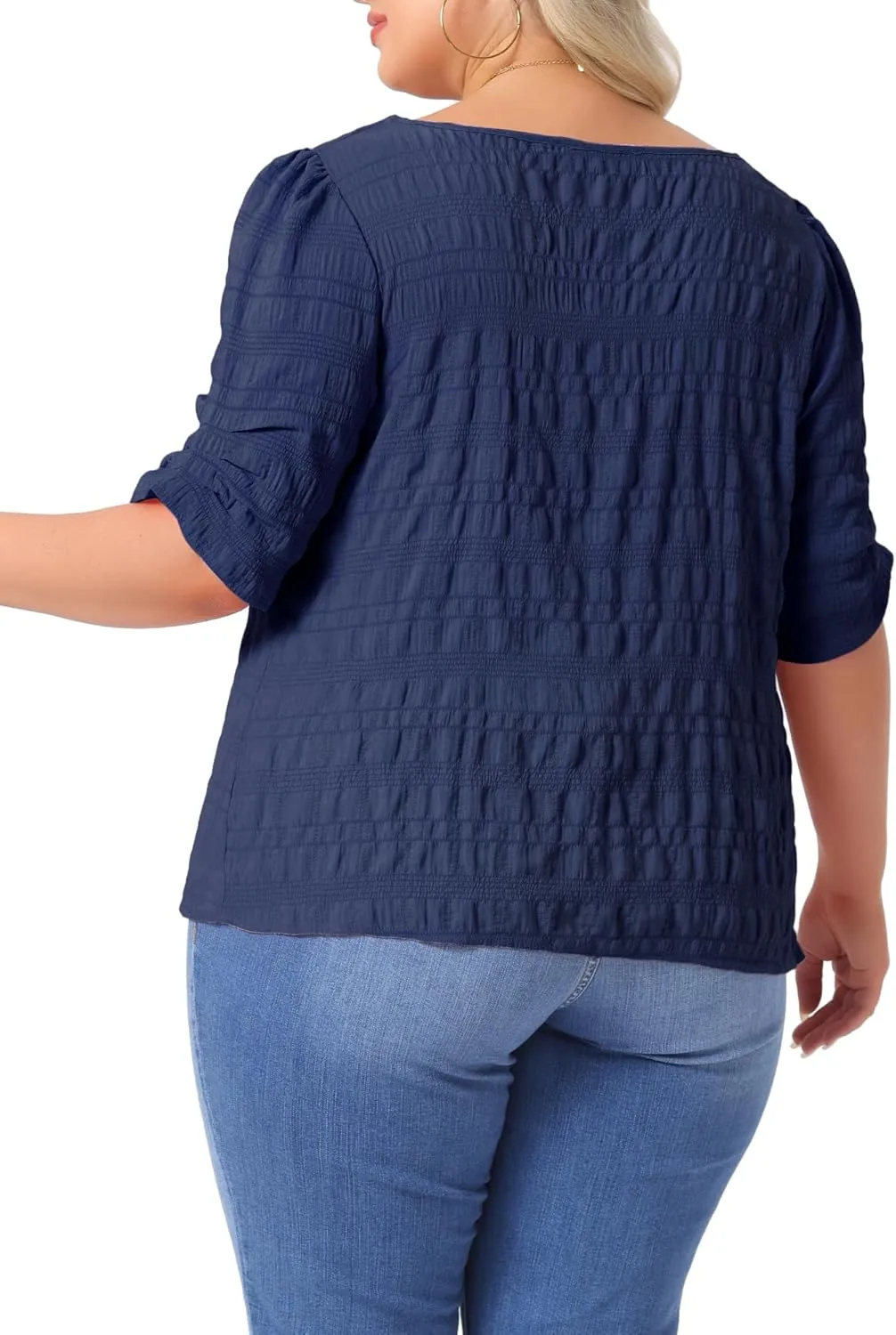 Agnes Orinda Plus Size Top for Women Textured Notched V Neck Short Sleeve 2025 Summer Tshirt Casual Blouse
