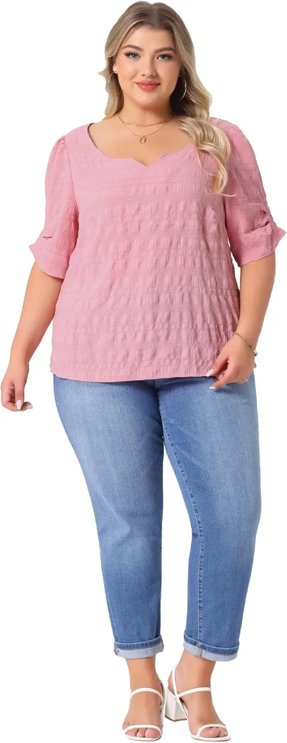 Agnes Orinda Plus Size Top for Women Textured Notched V Neck Short Sleeve 2025 Summer Tshirt Casual Blouse
