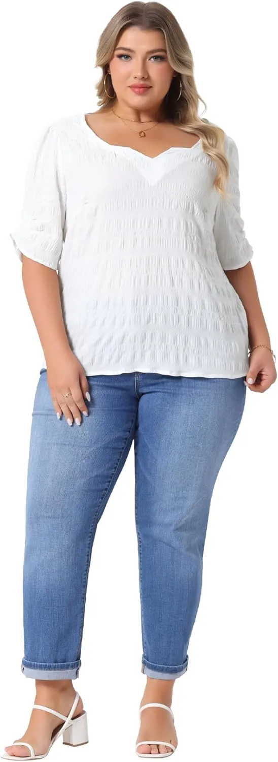 Agnes Orinda Plus Size Top for Women Textured Notched V Neck Short Sleeve 2025 Summer Tshirt Casual Blouse