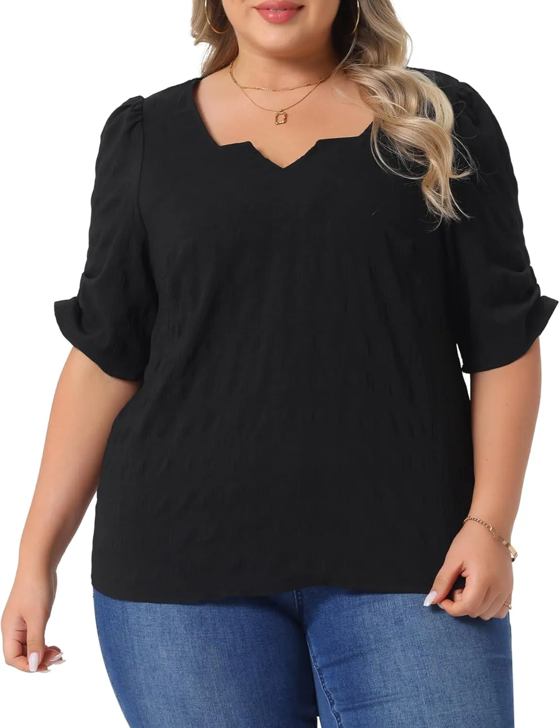 Agnes Orinda Plus Size Top for Women Textured Notched V Neck Short Sleeve 2025 Summer Tshirt Casual Blouse