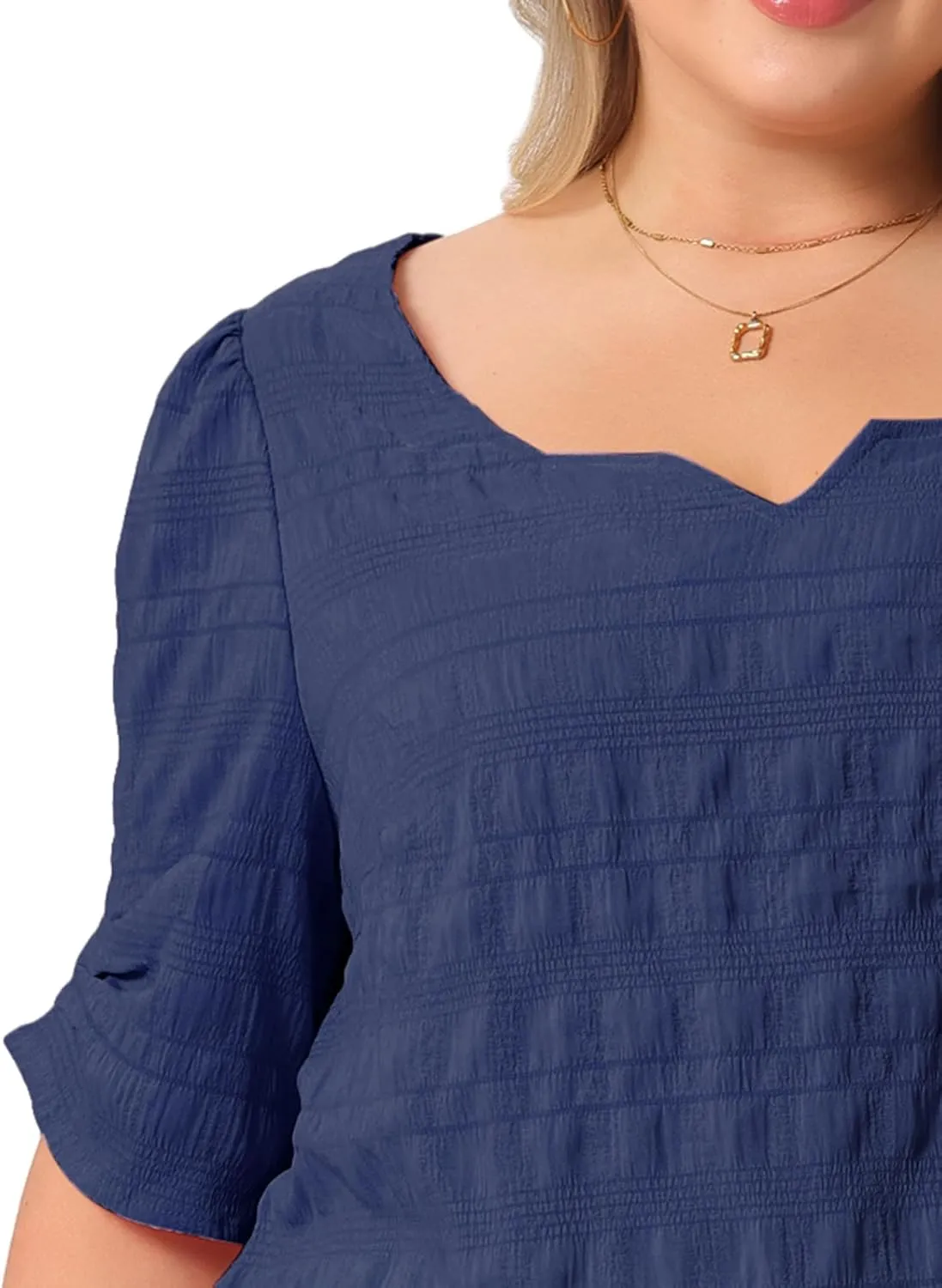 Agnes Orinda Plus Size Top for Women Textured Notched V Neck Short Sleeve 2025 Summer Tshirt Casual Blouse