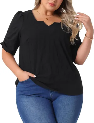 Agnes Orinda Plus Size Top for Women Textured Notched V Neck Short Sleeve 2025 Summer Tshirt Casual Blouse