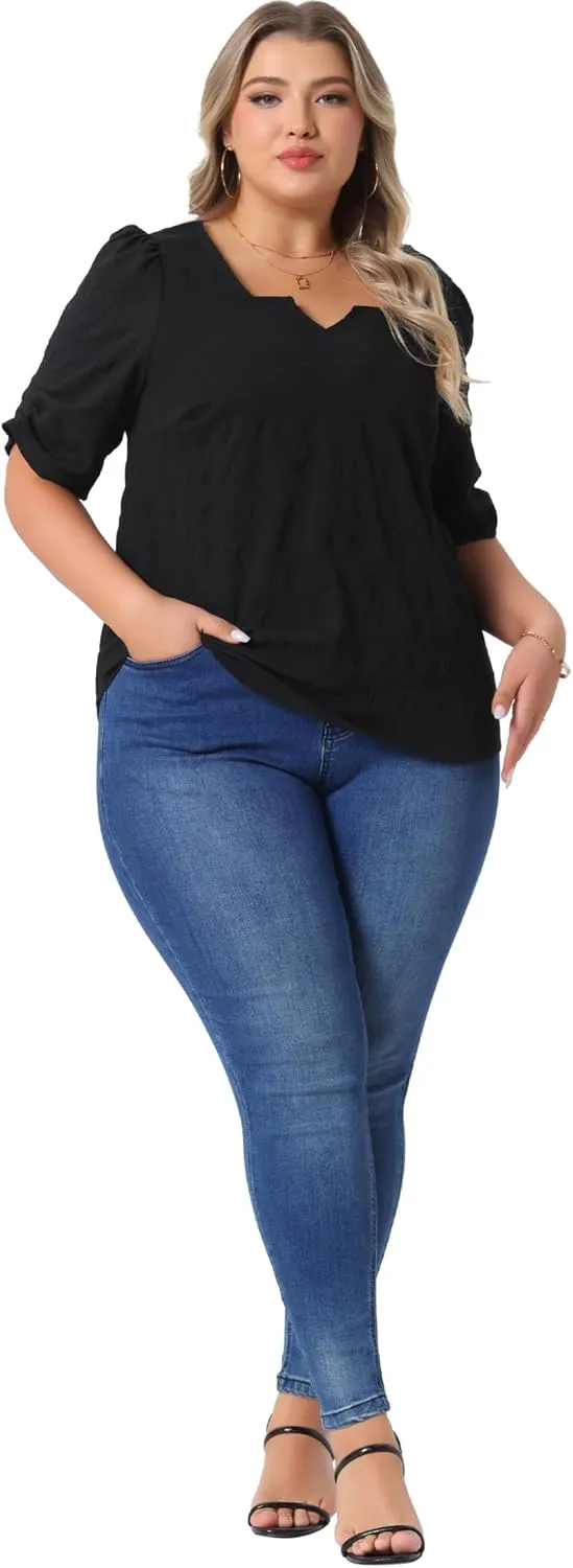 Agnes Orinda Plus Size Top for Women Textured Notched V Neck Short Sleeve 2025 Summer Tshirt Casual Blouse