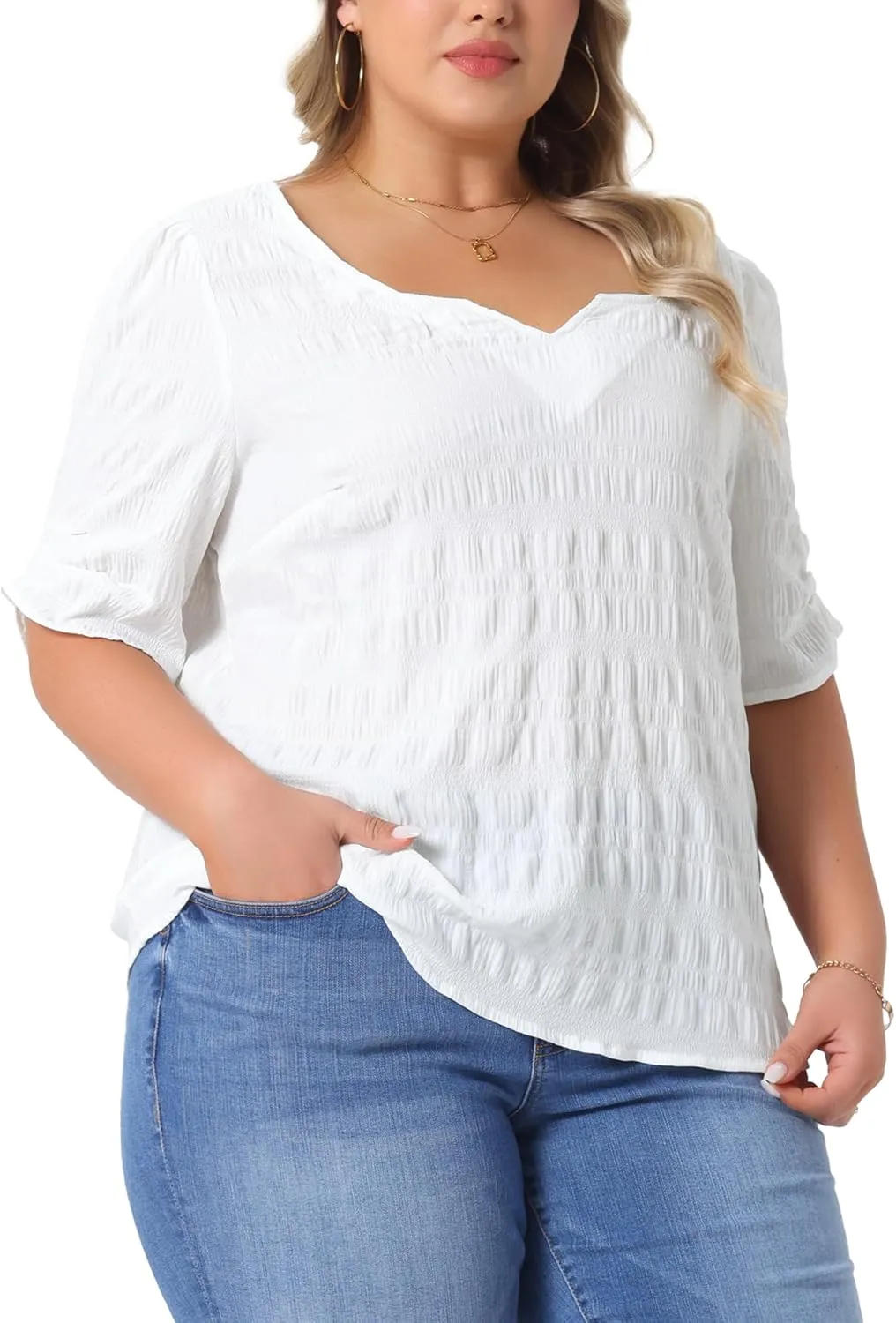 Agnes Orinda Plus Size Top for Women Textured Notched V Neck Short Sleeve 2025 Summer Tshirt Casual Blouse