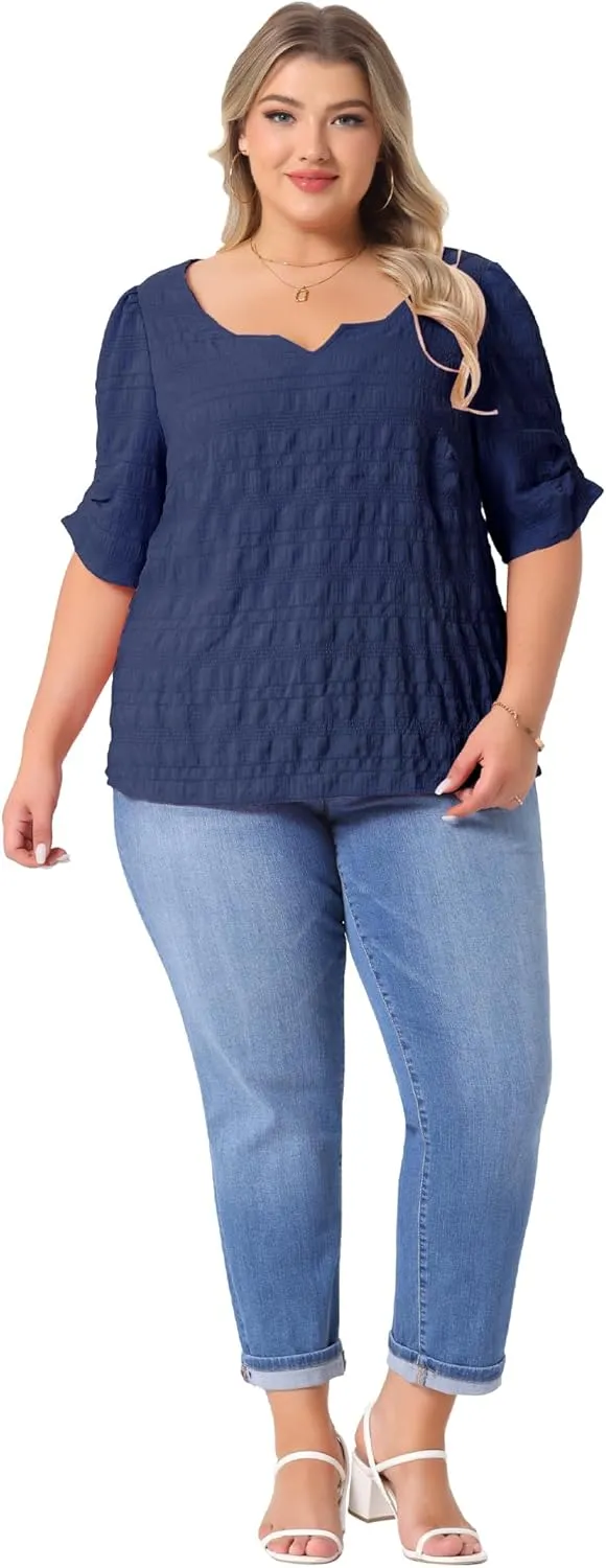 Agnes Orinda Plus Size Top for Women Textured Notched V Neck Short Sleeve 2025 Summer Tshirt Casual Blouse