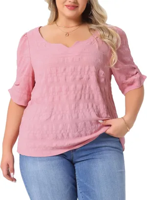 Agnes Orinda Plus Size Top for Women Textured Notched V Neck Short Sleeve 2025 Summer Tshirt Casual Blouse