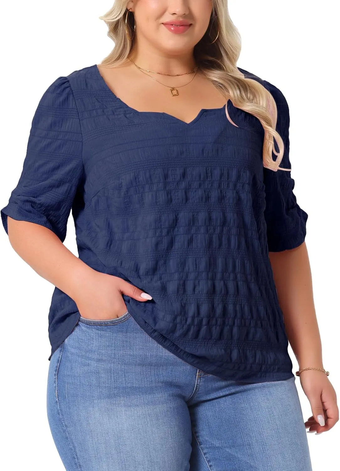 Agnes Orinda Plus Size Top for Women Textured Notched V Neck Short Sleeve 2025 Summer Tshirt Casual Blouse