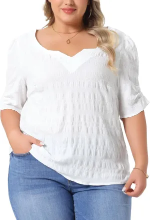 Agnes Orinda Plus Size Top for Women Textured Notched V Neck Short Sleeve 2025 Summer Tshirt Casual Blouse