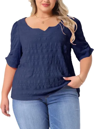 Agnes Orinda Plus Size Top for Women Textured Notched V Neck Short Sleeve 2025 Summer Tshirt Casual Blouse