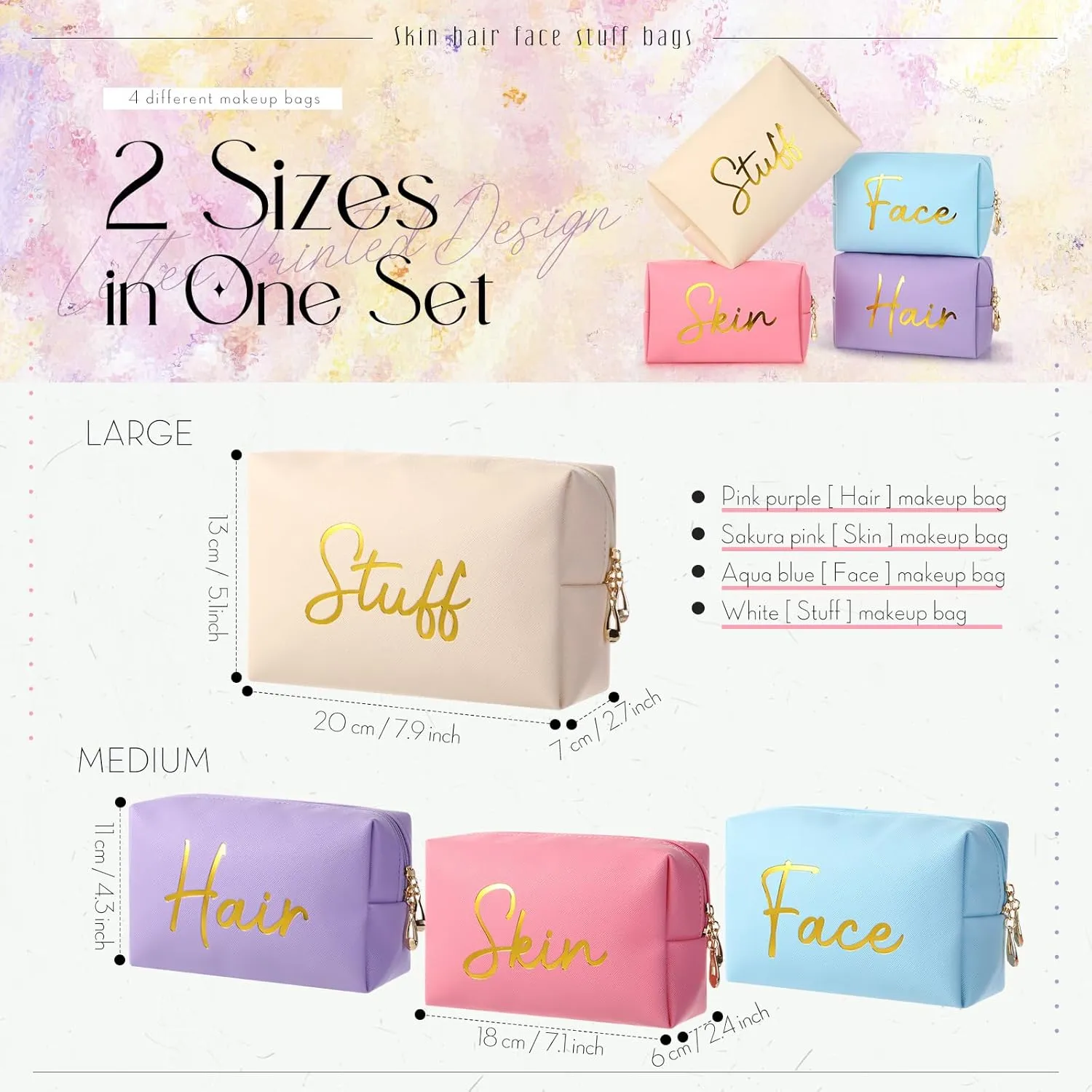 Aliceset 4 Pcs Preppy Makeup Bags Set Cute Travel Cosmetic Pouch Face Skin Hair Stuff Aesthetic Makeup Bags, PU Leather Waterproof Zipper Toiletry Pouch Gifts for Women Girl(Candy Color)