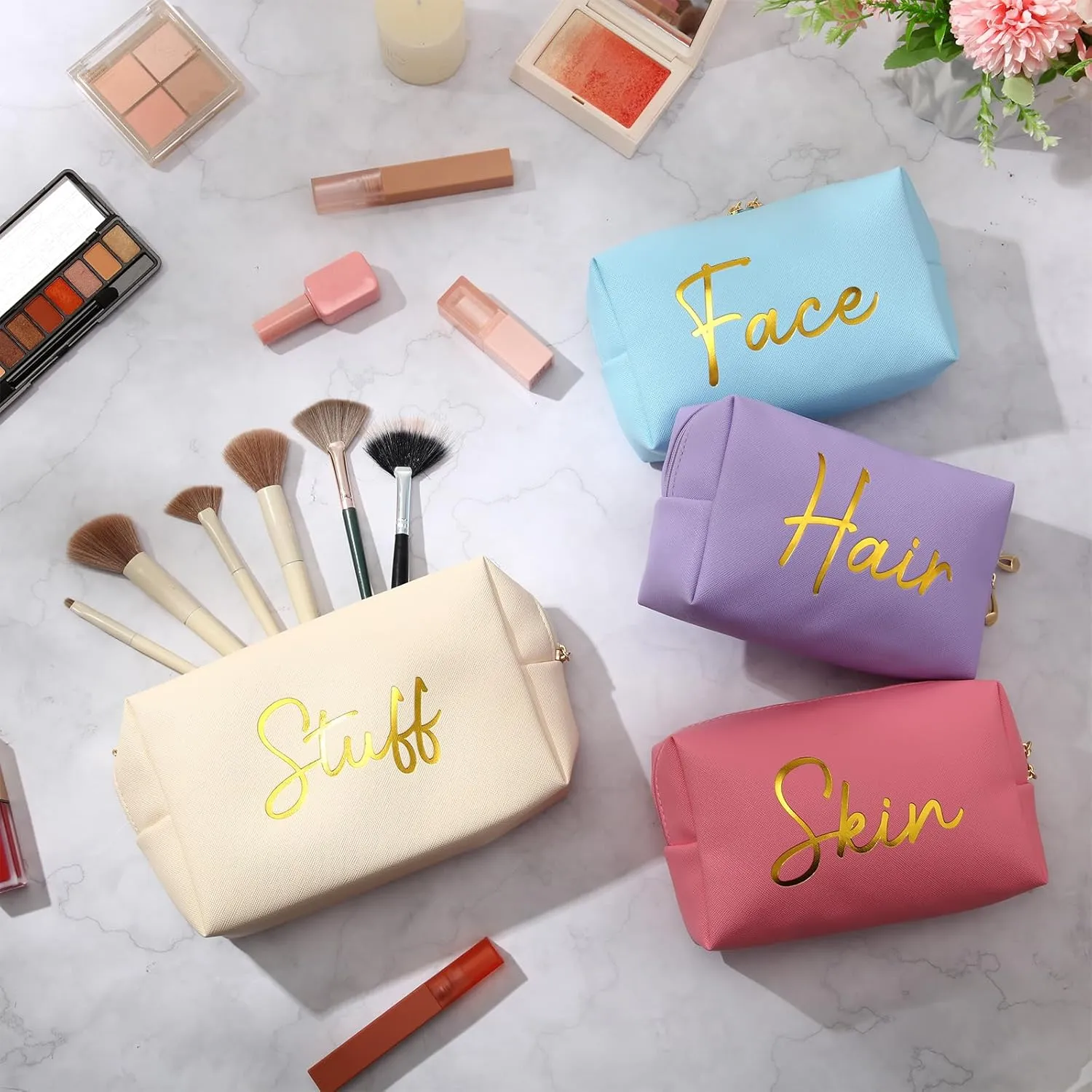 Aliceset 4 Pcs Preppy Makeup Bags Set Cute Travel Cosmetic Pouch Face Skin Hair Stuff Aesthetic Makeup Bags, PU Leather Waterproof Zipper Toiletry Pouch Gifts for Women Girl(Candy Color)
