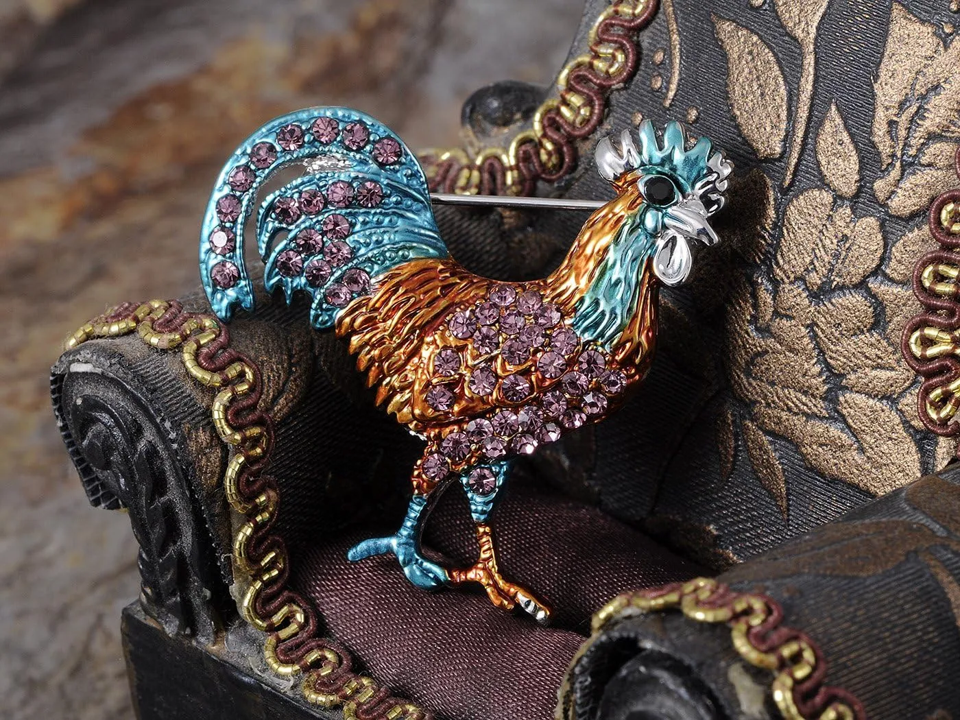 Alilang Copper Tone Purple Rhinestones Yellow Green Chicken Rooster Brooch Pin