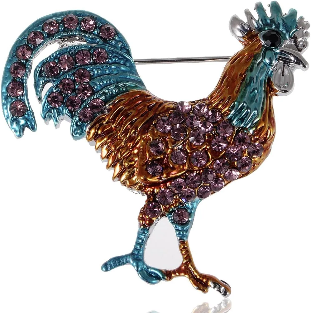 Alilang Copper Tone Purple Rhinestones Yellow Green Chicken Rooster Brooch Pin