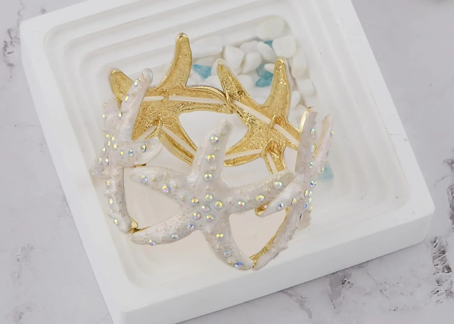 Alilang Sealife Gold Tone Aurora Borealis Ocean Boho Elastic Expandable Starfish Bracelet with Crystals