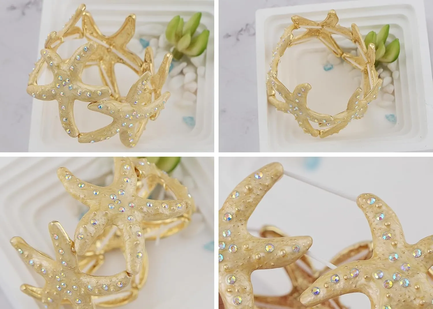 Alilang Sealife Gold Tone Aurora Borealis Ocean Boho Elastic Expandable Starfish Bracelet with Crystals