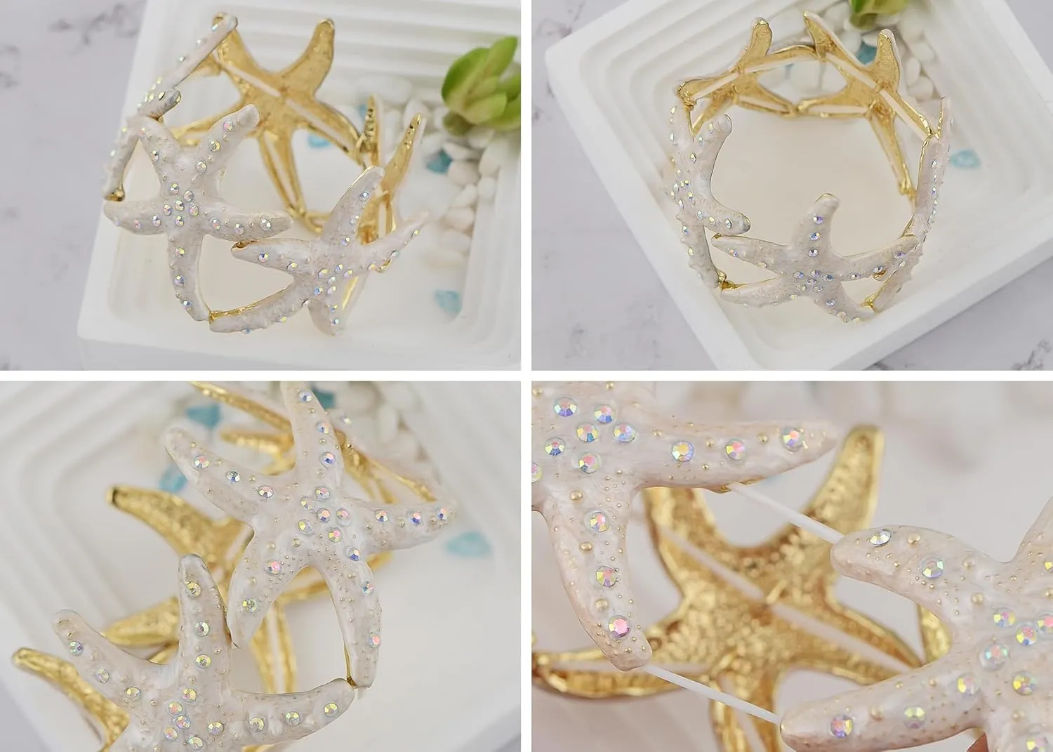Alilang Sealife Gold Tone Aurora Borealis Ocean Boho Elastic Expandable Starfish Bracelet with Crystals