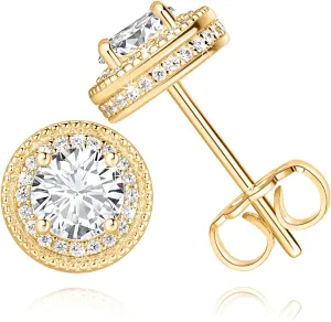 AMELINE 14K Gold Studs Earrings for Women, Small Gold Stud Earrings for Women, Stylish Minimalist Womens Earring Design, Brilliant Cubic Zirconia Earring Studs, 11 mm
